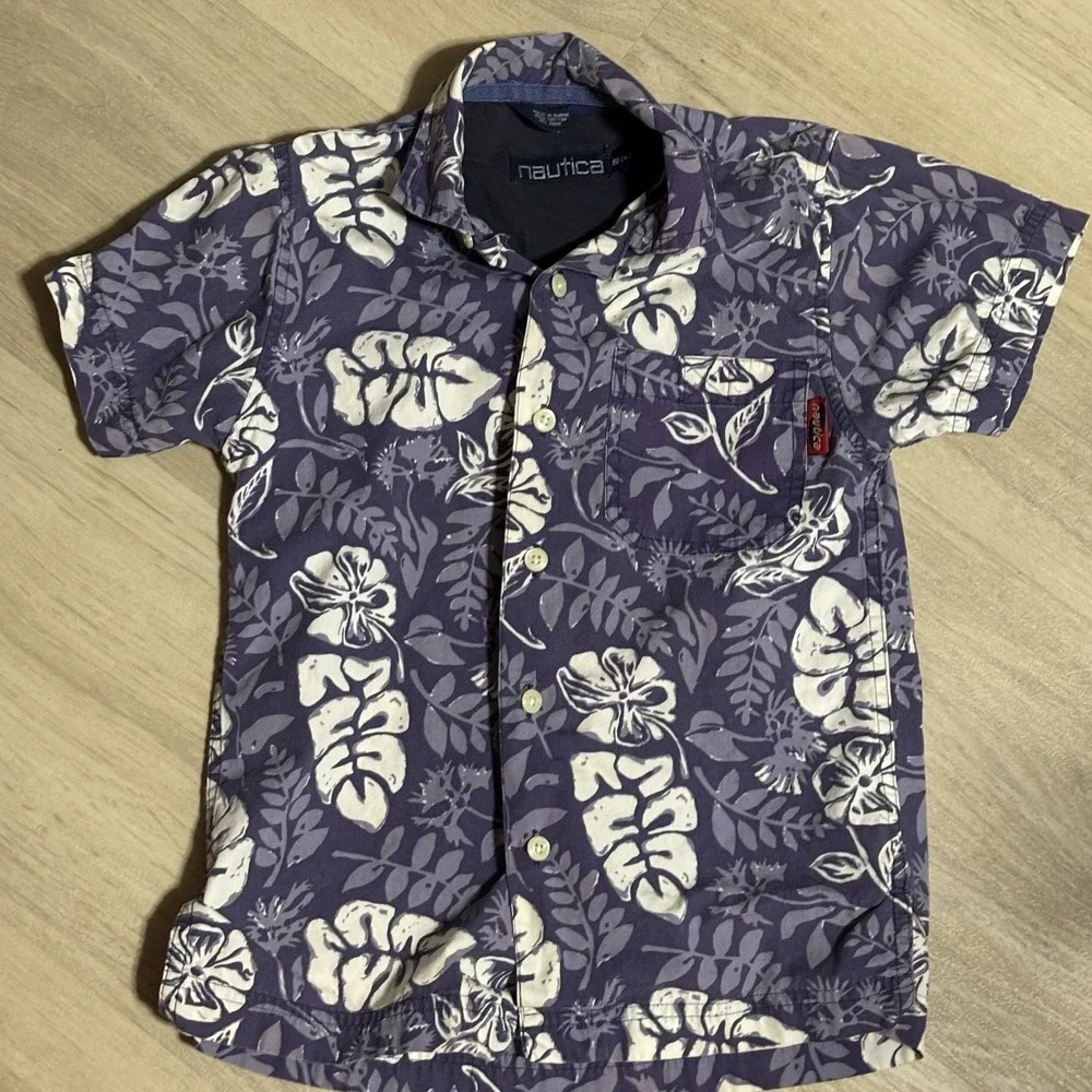 Nautica Hawaiian shirt Kids size 4 Purple Floral Cotton‎ Summer Y2K